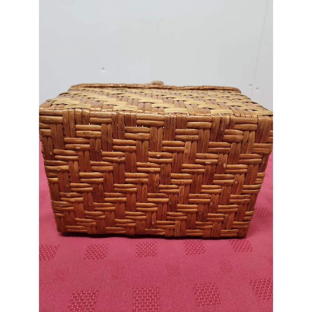 MCM Yugoslavian Herringbone Rattan Woven Basket W Handle Geometric 9